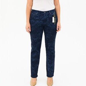 DG2 by Diane Gilman Blue Straight Leg Pants with Rhinestones Floral Pattern